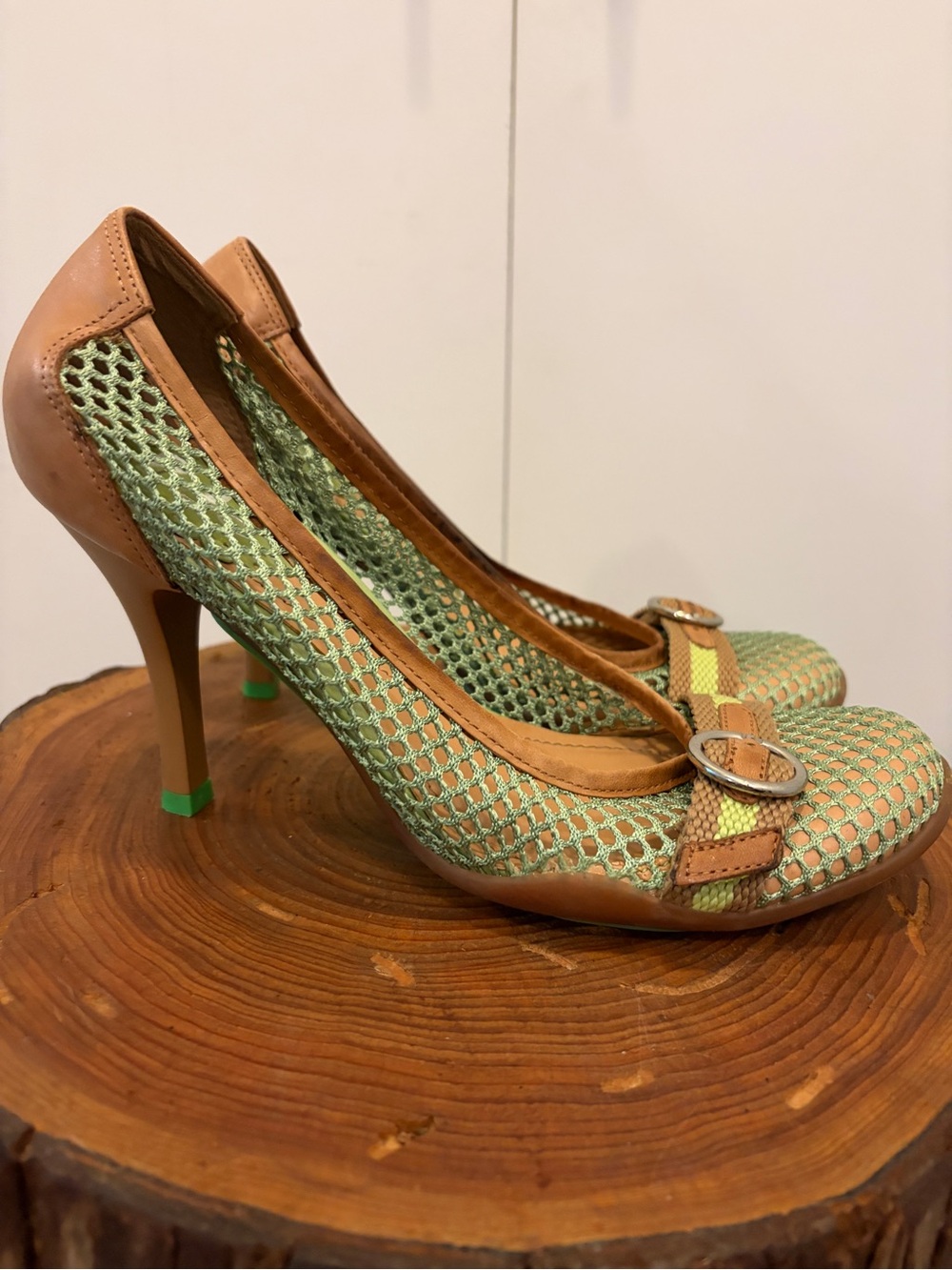 Aldo Green Mesh and Tan Leather Buckle High Heels